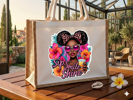 "Sip, Smile, Shine" Jute Tote Bag — Tropical Vibes Collection